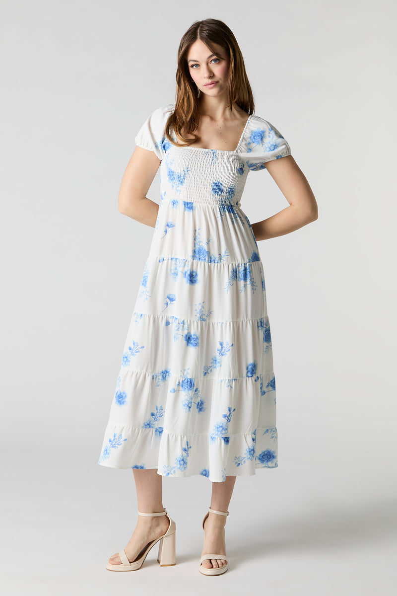Smocked Tiered Short Sleeve Midi Dress