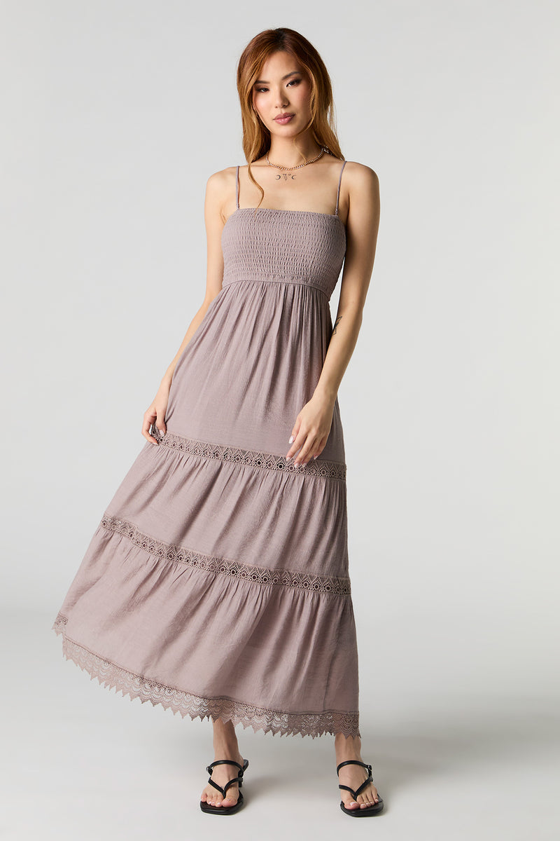 Crochet Trim Tiered Maxi Dress