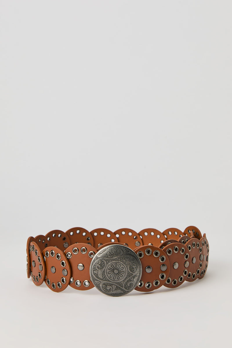 Faux-Leather Grommet Medallion Belt