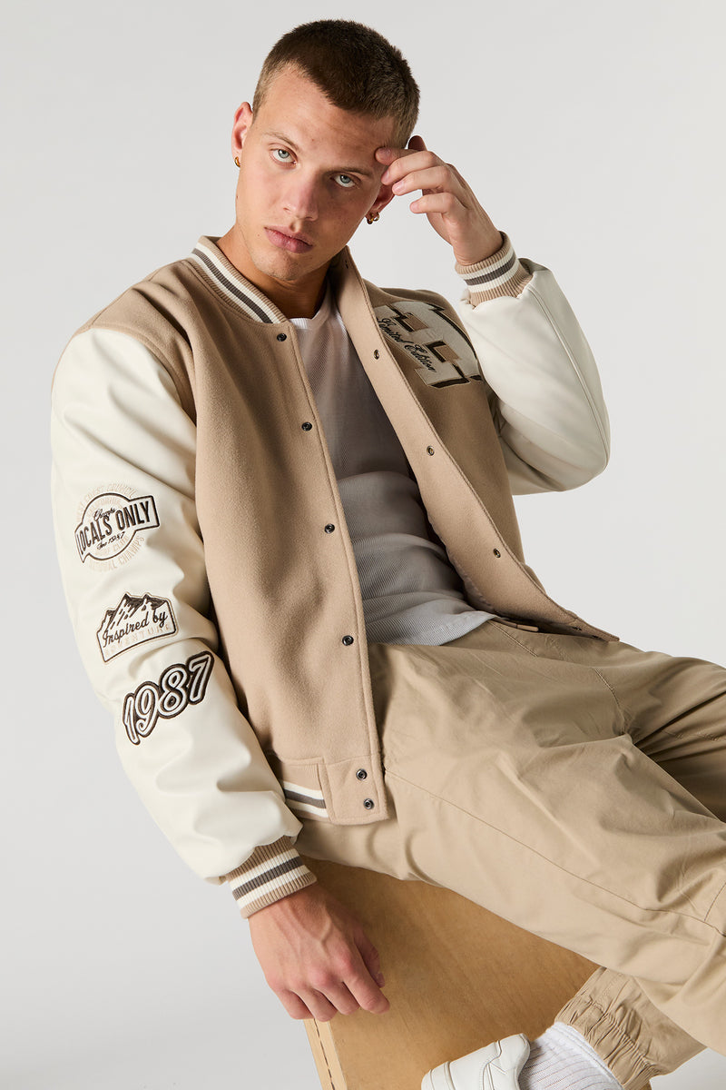 Embroidered Faux-Leather & Fleece Varsity Jacket